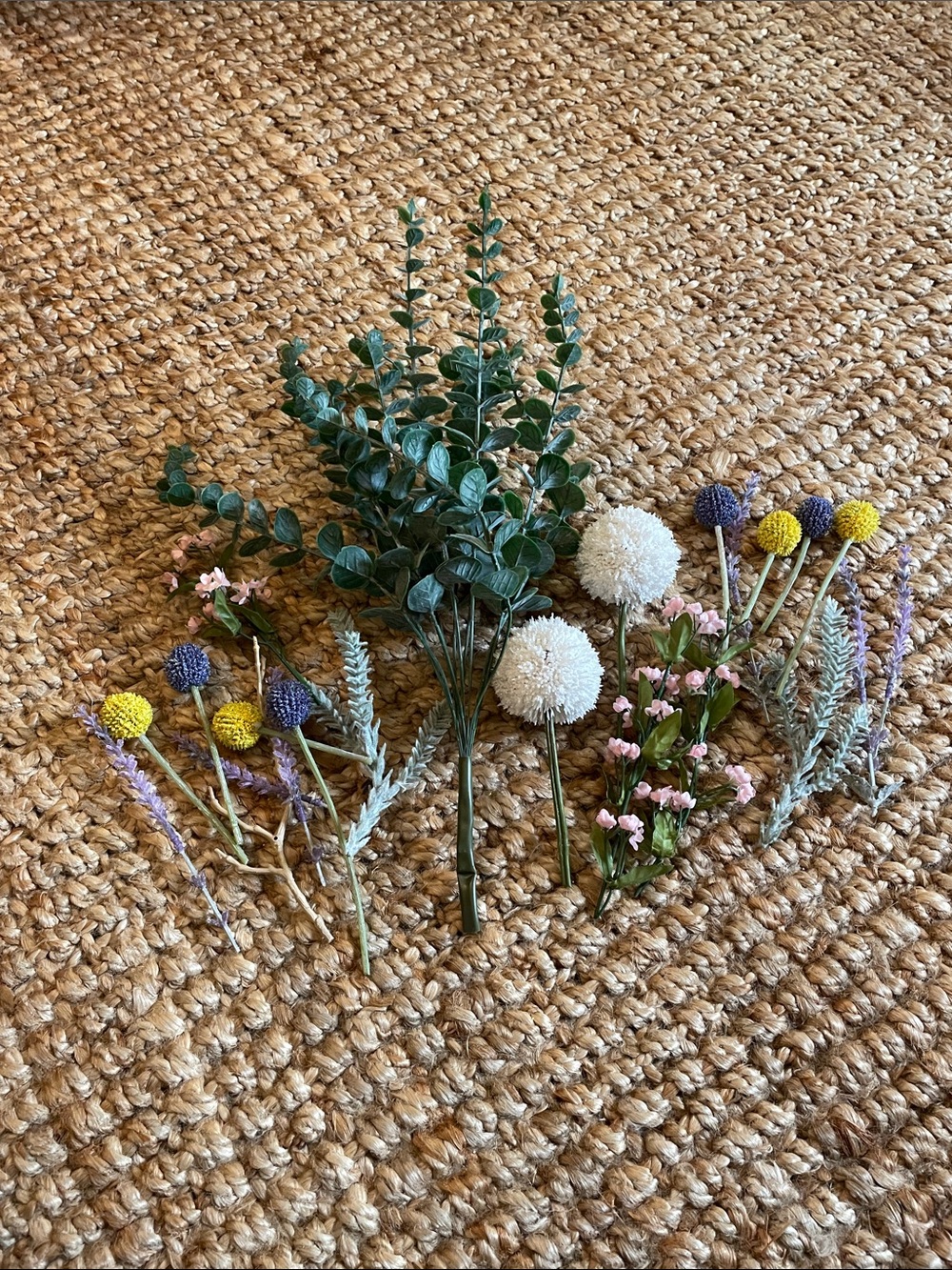Artificial Eucalyptus & Mixed Wildflower Bouquet - Green, White, Yellow, Purple